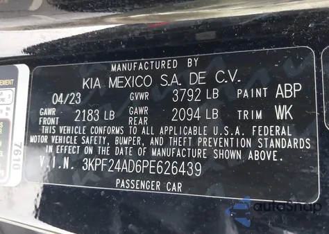 2023 Kia Forte Lxs from USA, damaged, VIN 3KPF24AD6PE626439